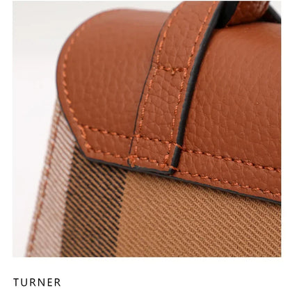 Borsa Mini Boston a Righe e Quadri in Tessuto con Finiture in Ecopelle, Chiusura a Giro e Torsione, Design con Patta, Borsa a Mano da Donna, a Tracolla, Portamonete
