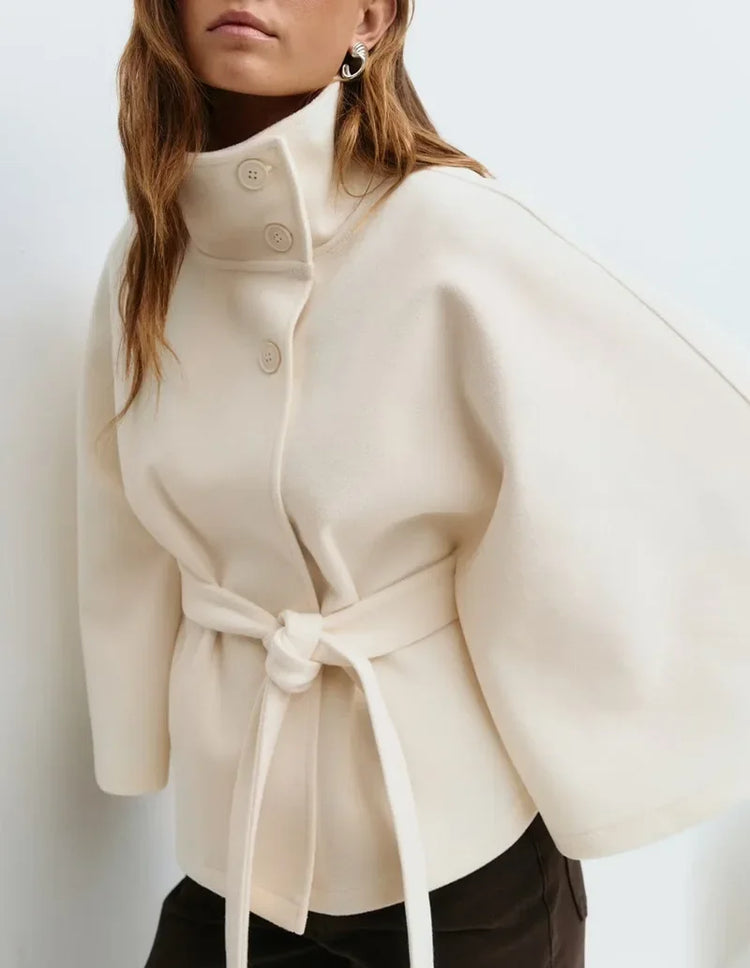 Stand Collar Lace Up blend fiber Coat Women's Fashion Long Batwing Sleeve Solid Single Breasted Cape Coat Autumn Winter Outfits