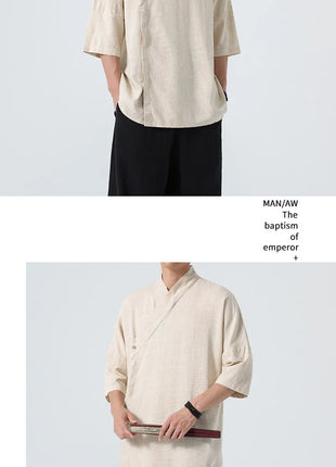 Camicie Estive 2026 da Uomo, Stile Cinese Retrò Tradizionale in Lino Traspirante, Abbigliamento Maschile per Kung Fu e Tai Chi, Bluse Casual Stile Tang