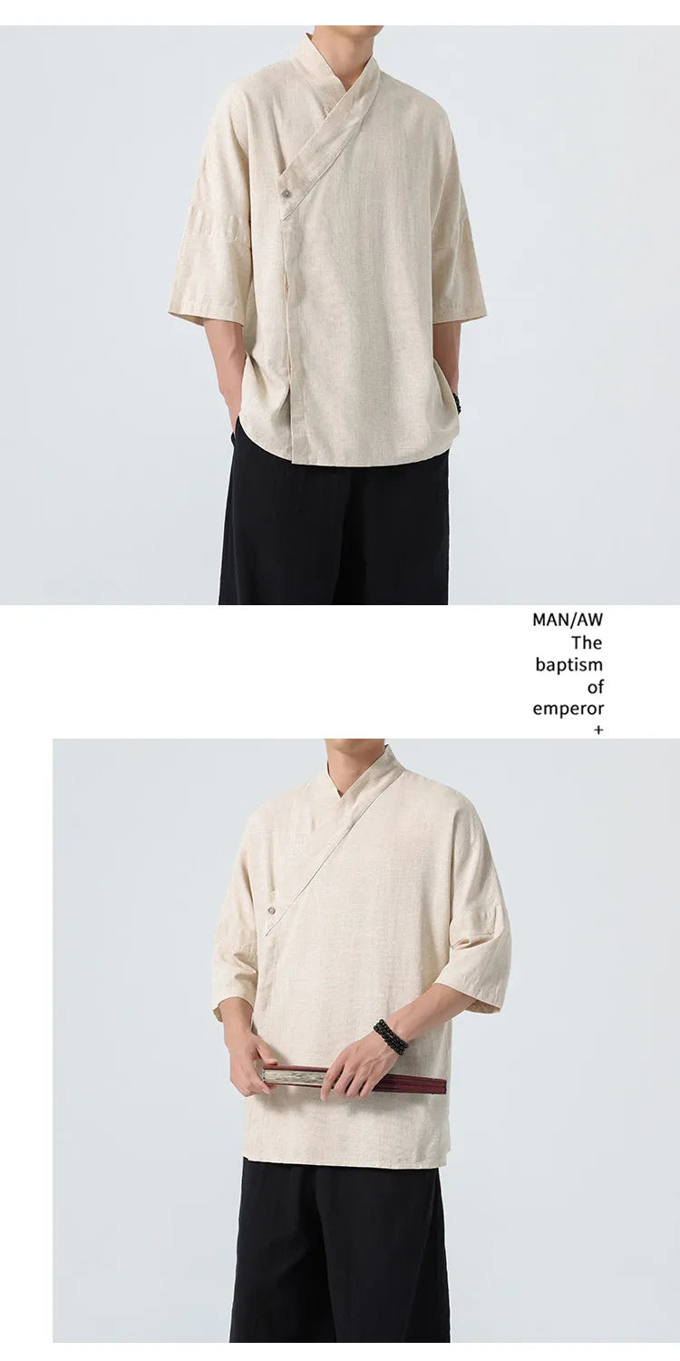 Camicie Estive 2026 da Uomo, Stile Cinese Retrò Tradizionale in Lino Traspirante, Abbigliamento Maschile per Kung Fu e Tai Chi, Bluse Casual Stile Tang