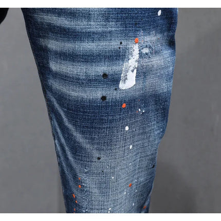 Fashion Designer Men Jeans Retro Blue Stretch Slim Fit Painted Ripped Jeans Men Korean Style Vintage Casual Denim Pants Hombre PlatiNum