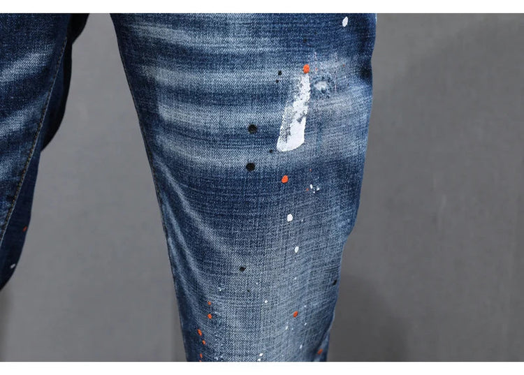 Fashion Designer Men Jeans Retro Blue Stretch Slim Fit Painted Ripped Jeans Men Korean Style Vintage Casual Denim Pants Hombre PlatiNum