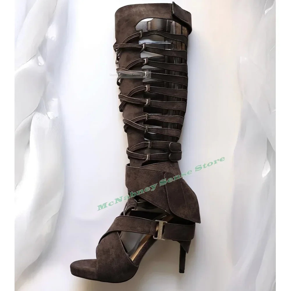 Straps Hollow Knee High Sandals Open Toe Stiletto Heels Buckles Sexy Style Sandals Women Shoes Solid Stiletto Heels Summer Shoes