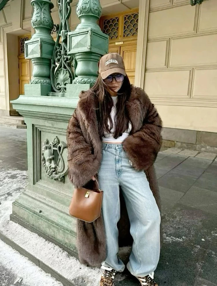 ZADORIN 120cm Super Long Luxury Winter Brown Faux Fur Coat Woman Elegant Belted Lapel Thick Fluffy Fur Jacket High Quality Coats