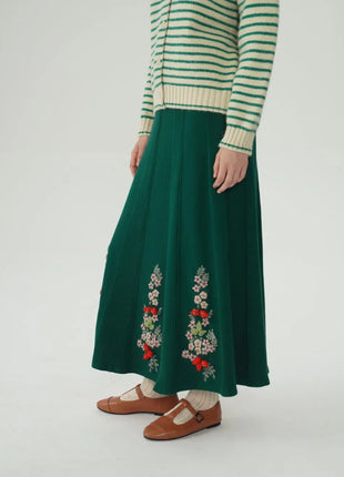 62-96cm Waist Fall Winter Long Skirts Women Elegant Handmade Embriodery Crochet Red Fruit Cashmere Wool Knitted Emerald Skirts PlatiNum