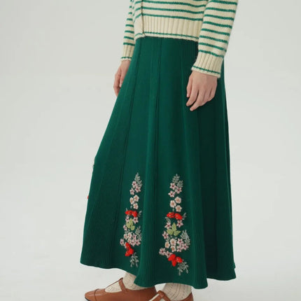 62-96cm Waist Fall Winter Long Skirts Women Elegant Handmade Embriodery Crochet Red Fruit Cashmere Wool Knitted Emerald Skirts PlatiNum