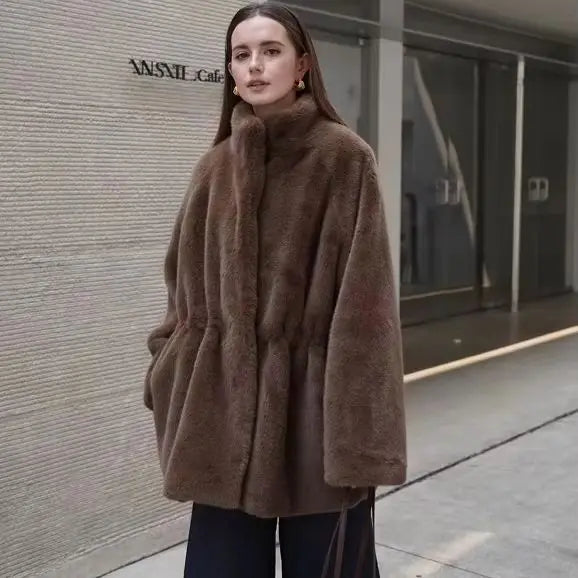 Women's Brown Plush Faux Fur Coat Funnel Neck Drawstring Waist Mid-Length Thick Winter Warm Elegant Luxe Chic Outerwear
