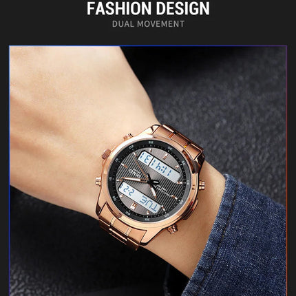 Skmei orologio da polso analogico al quarzo da uomo cinturino in acciaio inossidabile di lusso Led impermeabile digitale sportivo sveglia a tre fusi orari platinumshop