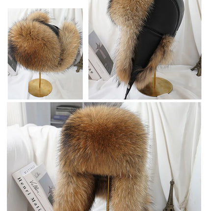 New Winter Men's 100% Real Silver Fox Fur Bomber Hat Raccoon Fur Ushanka Cap Trapper Russian Man Ski Hats Caps Real Leather