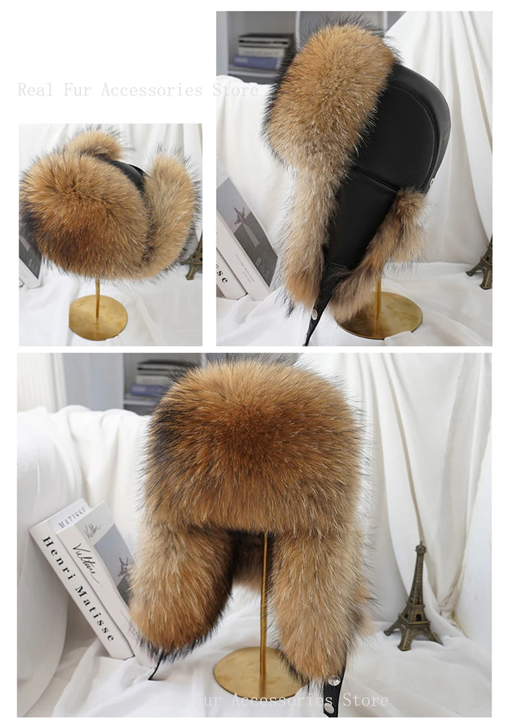 New Winter Men's 100% Real Silver Fox Fur Bomber Hat Raccoon Fur Ushanka Cap Trapper Russian Man Ski Hats Caps Real Leather