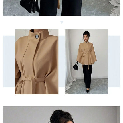 Wool Coat Women Autumn Winter Woolen Jacket Batwing Sleeve Button Lace Up Blends Turtleneck Overcoat Office Lady Outerwear