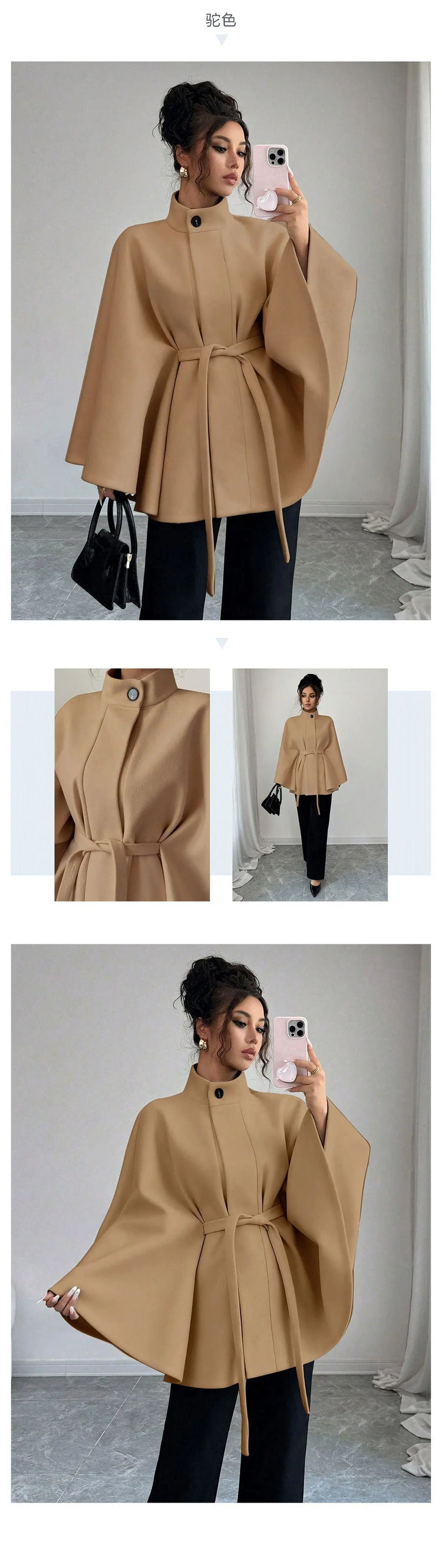 Wool Coat Women Autumn Winter Woolen Jacket Batwing Sleeve Button Lace Up Blends Turtleneck Overcoat Office Lady Outerwear