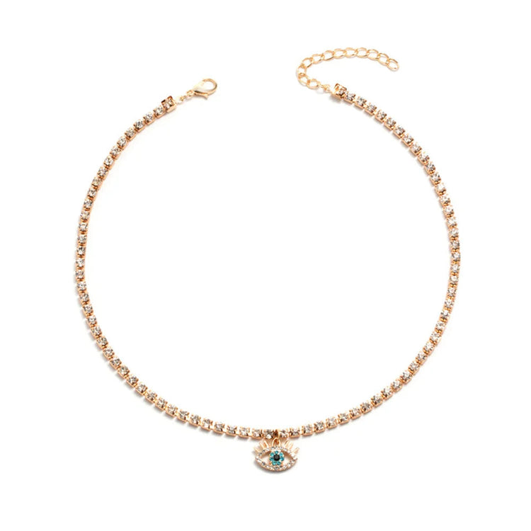 LXY-W Boho Fashion Gold-plate Simple Crystal Chain Eye Pendant Necklace For Women Vintage Female Choker Jewelry Gift Wholesale PlatiNum