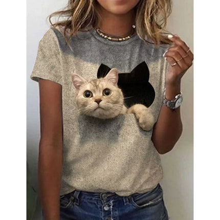 T-shirt mignonne en forme de chat pour femme, avec impression 3D animal de compagnie, manches courtes, hauts décontractés d'été, T-shirts amples Streetwear à col rond