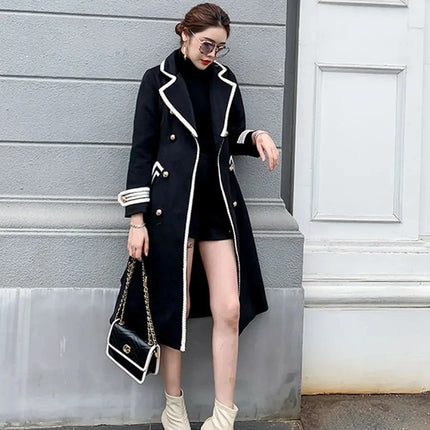Women White Long Woolen Coat Autumn Winter British Hepburn Style Thicken Slim Double-Breasted Woolen Coat New Women Outwear