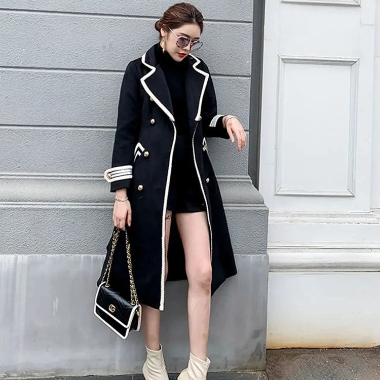 Women White Long Woolen Coat Autumn Winter British Hepburn Style Thicken Slim Double-Breasted Woolen Coat New Women Outwear