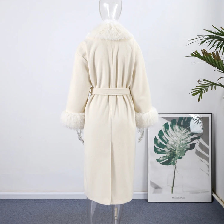 White Fur Patchwork Lace-up Overcoats Women's Street V-neck Full Sleeve Long Woolen Coat 2025 Winter New Ladies Thick Outwear