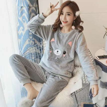 Cute Pajamas Set 2 Pieces Women Sleepwear Warm Winter Thick Coral Fleece Hooded Cartoon Girls Homewear Animal Pajamas Nighties