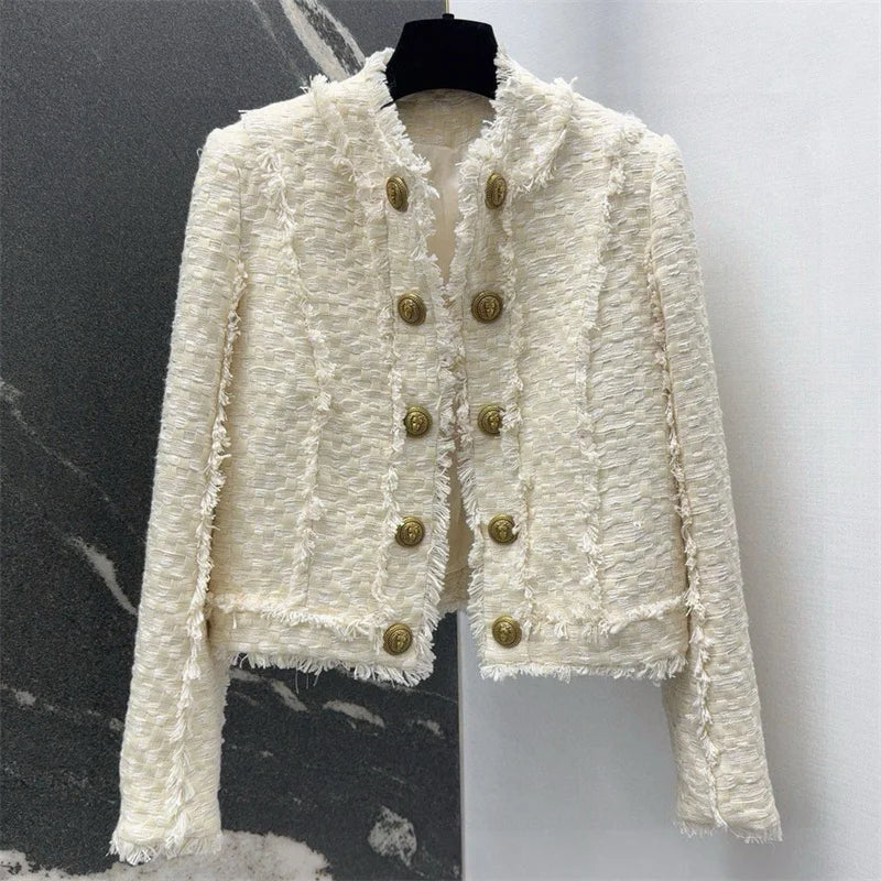 Women's jacket New autumn 2025 double breasted slim long sleeved top tweed weave Women's coat Cotton blend round neck outerwears