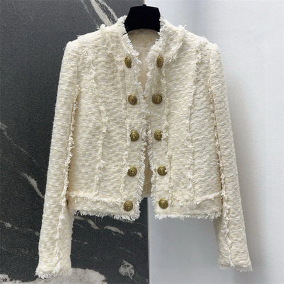 Women's jacket New autumn 2025 double breasted slim long sleeved top tweed weave Women's coat Cotton blend round neck outerwears