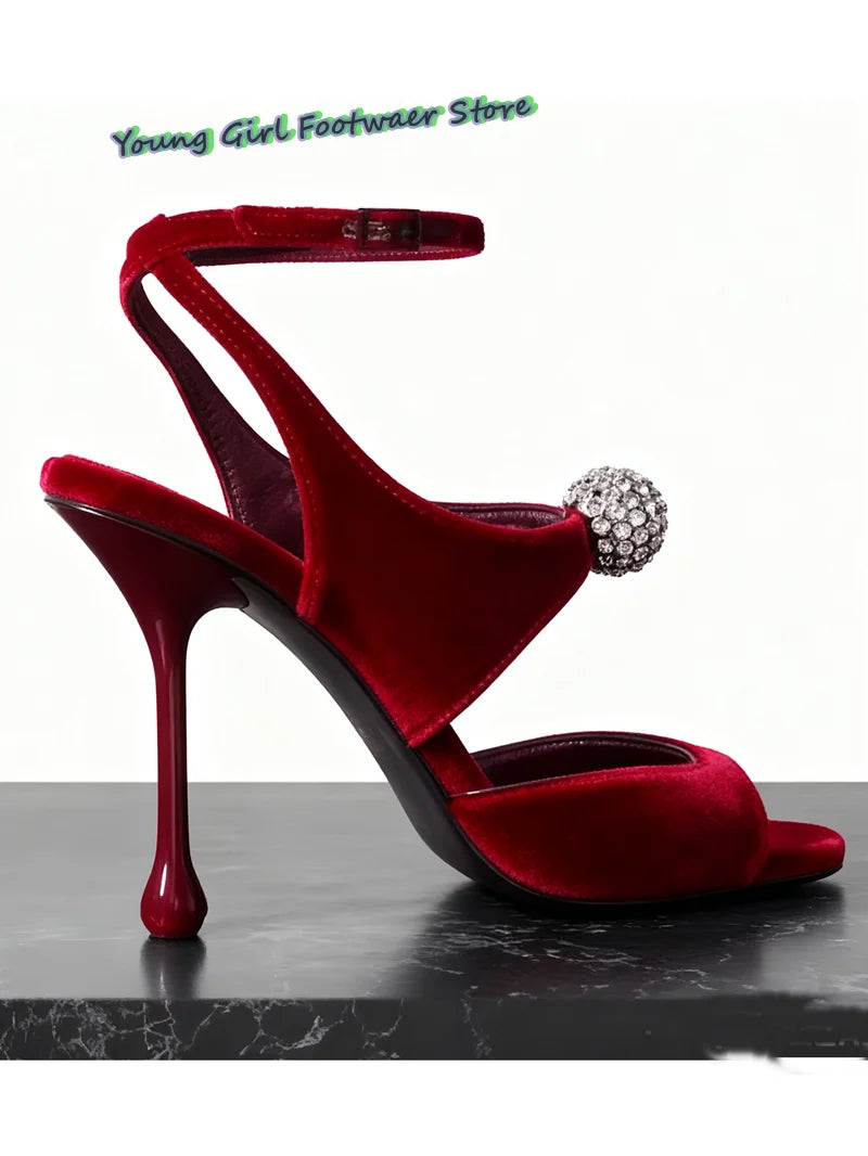 One-Button Rhinestone-Encrusted Sandals Square Head With Exposed Toes Elegant High Heels Burgundy Heels Women's Luxury Sandals