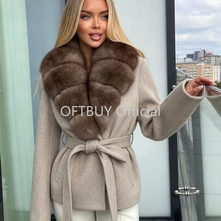 OFTBUY Women 100% Wool Short Coat Real Fox Fur Collar Woolen Jacket New Luxury Winter Natural Fur Clothes Warm Belted Outerwear