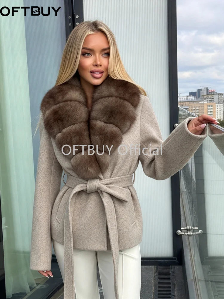 OFTBUY Women 100% Wool Short Coat Real Fox Fur Collar Woolen Jacket New Luxury Winter Natural Fur Clothes Warm Belted Outerwear