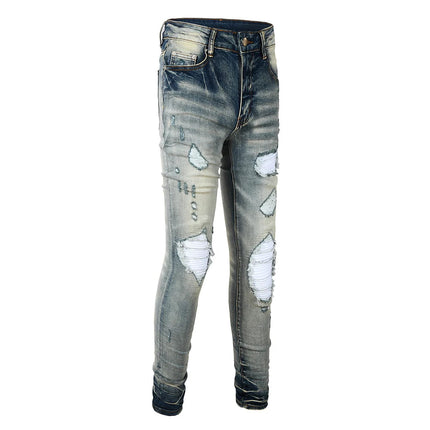Men Pale Light Blue Biker Jeans Cracked Pleated Patch Patchwork Stretch Denim Pants Streetwear Holes Ripped Skinny Trousers PlatiNum