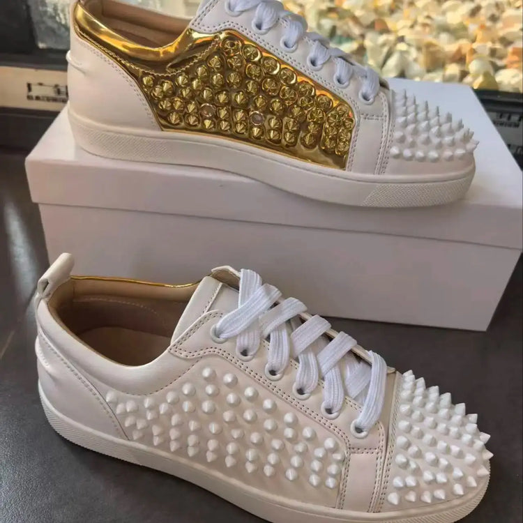 Casual Rivet Shoes Designer Women Genuine Leather Sport Walking White Shoes Round Toe Comfort Flats Ladies Daliy Outdoor Shoes
