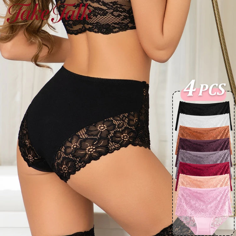 4PCS/SET Women's Sexy Lace Panty Hollow Out High Waist Women's Briefs Breathable Comfortable Underwear Plus Size Women Lingerie