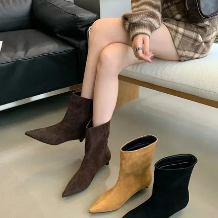 New Vintage Pointed Toe Women Ankle Boots Designer Thin Low Heel Short Boots Modern Botas Autumn Winter Fashion Zapatos De Mujer