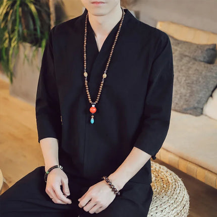 Kimono estivo stile giapponese manica corta uomo nuovo cotone a mezza manica lino traspirante abbigliamento uomo t-shirt giapponese Yukata top