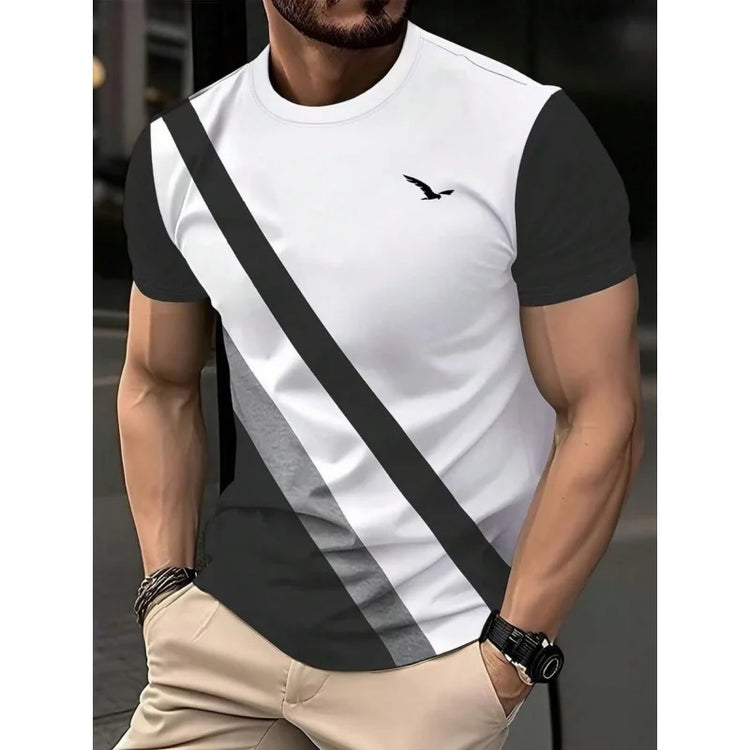 T-shirt con giunture geometriche stampate in 3D per uomo T-shirt con motivo a strisce colorate T-shirt casual estive con o-collo maniche corte larghe