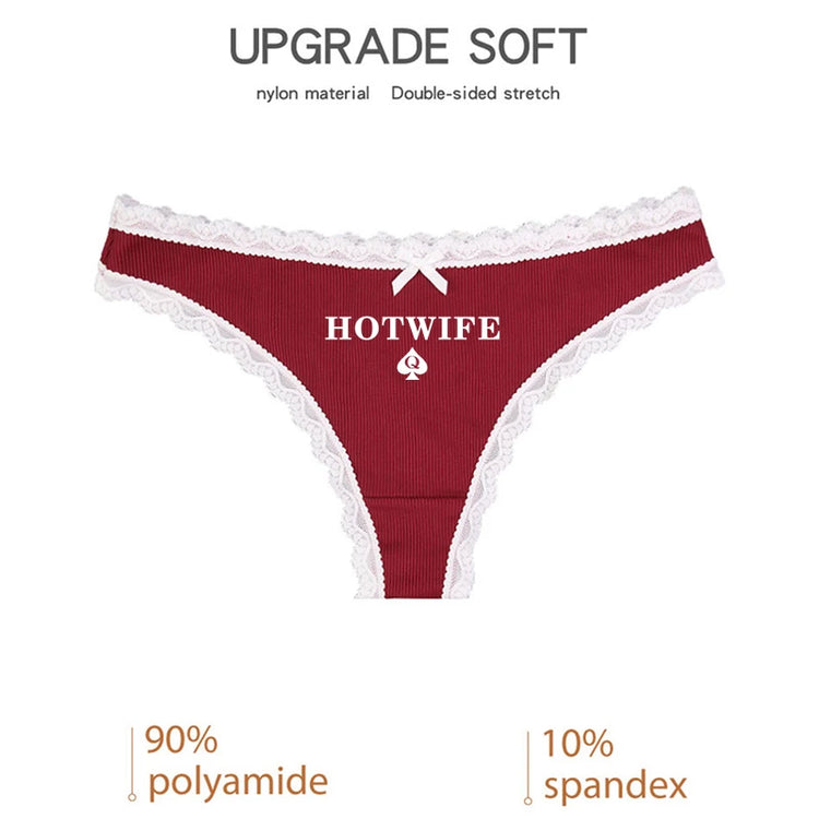 Queen Of Spades HOT WIFE Naughty Underwear for Women Cute Sexy Womens Thong Lingerie Temptation Lace Edge Bow Low Waist Panties