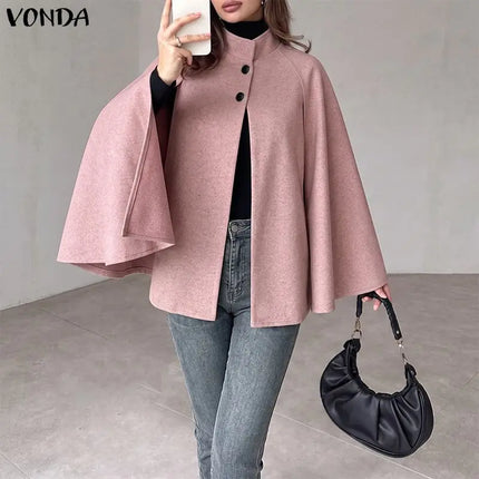 VONDA Autumn Women Capes Elegant Stand Collar Thin Cape Coat Solid Button Poncho OL Work Tops Office Streetwear Party Jackets