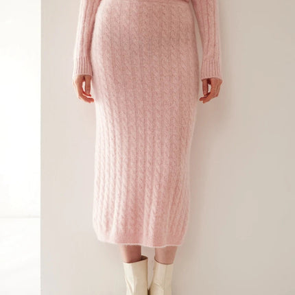 Autumn Winter 100% Cashmere Skirt Women Soild Mid-calf  High Waist Twist Flower Fit Slimming Knitted Dress  Light Luxury Elegant PlatiNum