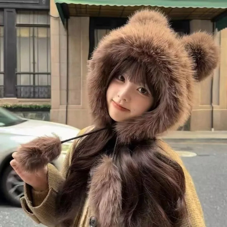 Winter  New Women's Plush Cute Bear Ear Hat ,Thicken and Warm Ear Protection Wind and Snow Hat  Plush Little Bear Lei Feng Hat