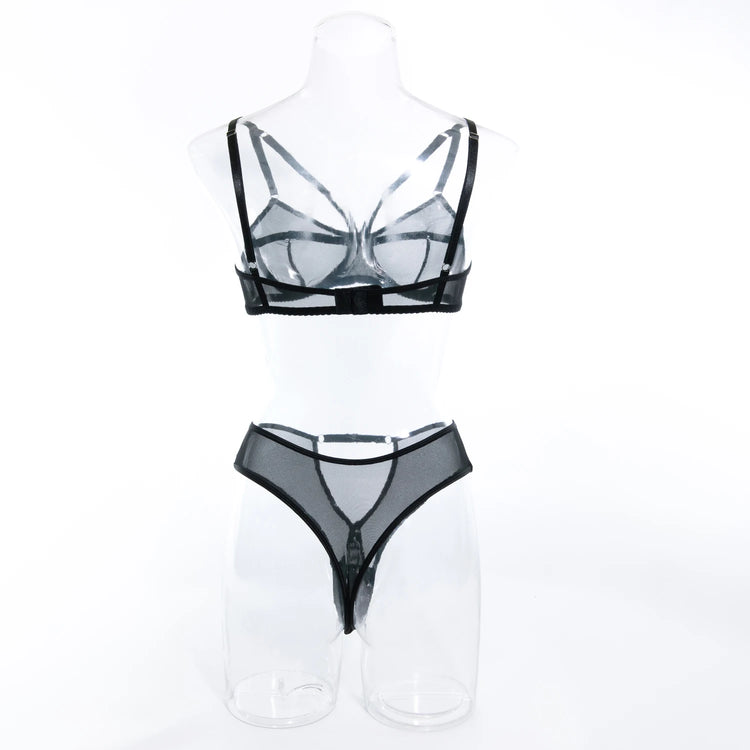 Sexy Black Mesh Lingerie Two Piece Sets Ultrathin See-through Hollow Out Bras And Panties Underwear Suit Erotic Intimate Suits