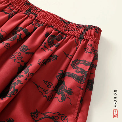 Pantaloni Lanterna da Uomo Stile Cinese Retrò Drago Rosso Casual Comodi Pantaloni Harun Moda Maschile Larghi a Gamba Larga Streetwear