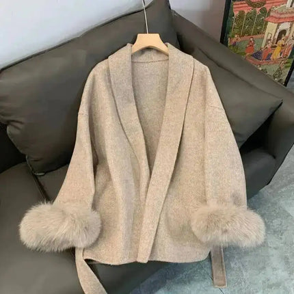UCXQ Elegant Woolen Coat Temperament Office Lady Overcoats Fur Patchwork Long Sleeve Beautiful Women's Coats 2025 Winter New