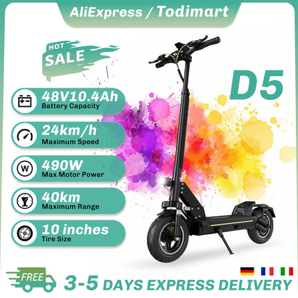 Monopattino Elettrico per Adulti TODIMART D5, E-Scooter Urbano, Batteria 48V 10.4Ah, Motore 499W, Velocità Massima 24.99km/h, Autonomia 30-45km, Pieghevole, Portatile, per Pendolari, Alte Prestazioni