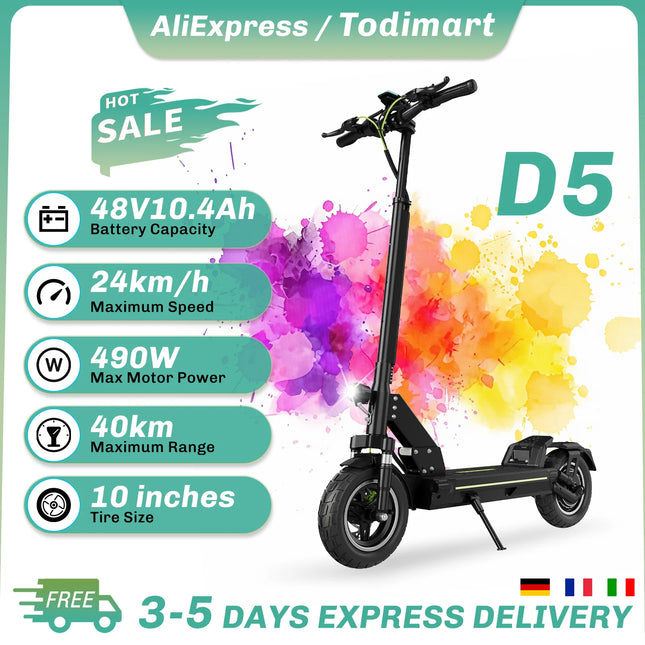 Monopattino Elettrico per Adulti TODIMART D5, E-Scooter Urbano, Batteria 48V 10.4Ah, Motore 499W, Velocità Massima 24.99km/h, Autonomia 30-45km, Pieghevole, Portatile, per Pendolari, Alte Prestazioni