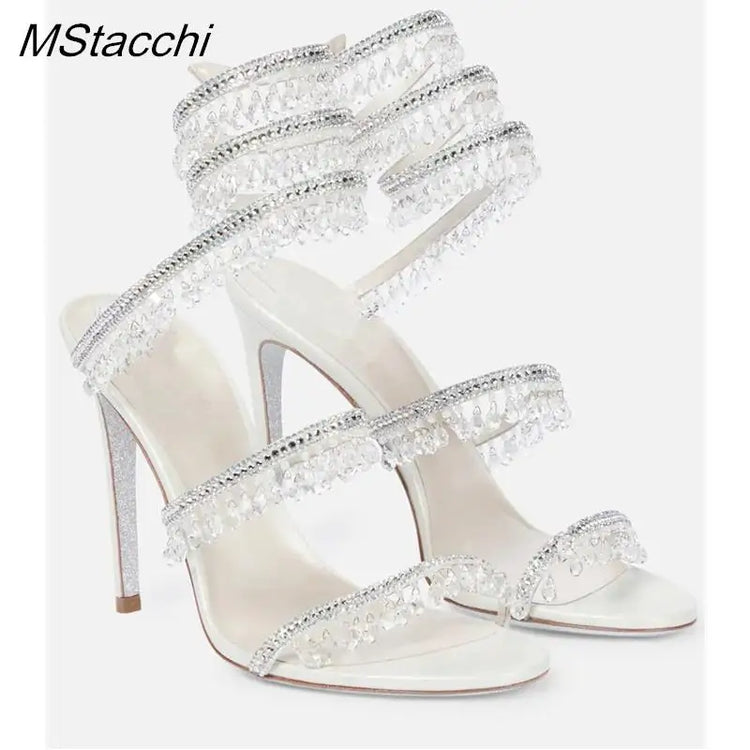 Sandali Crystal Wrap da Donna Estivi 2026, Scarpe da Sposa con Tacco Alto, Scarpe da Festa, Sandali con Cinturino alla Caviglia, Scarpe Designer con Tacco a Spillo
