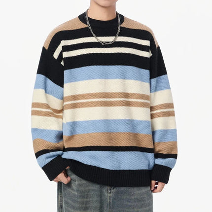 Autumn Winter Warm Casual Pullovers Men Knitted Sweater Fashion Patchwork Striped Loose Hip Hop Knit Streetwear Pull On Sweaters