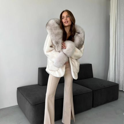 DFDG 2026 Women Hooded Faux Fur Coat Belted Waist Tie Big Fur Trim Collar Long Sleeve Outerwear Warm Luxury Overcoat Winter Fur