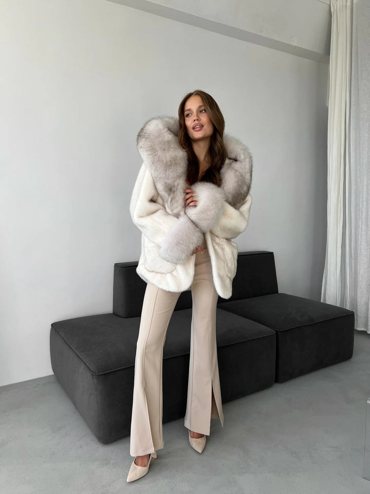 DFDG 2026 Women Hooded Faux Fur Coat Belted Waist Tie Big Fur Trim Collar Long Sleeve Outerwear Warm Luxury Overcoat Winter Fur