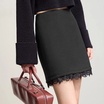 AMII Minimalist Mini Skirt 2025 Winter New Short Wool Warm Skirts For Women Patchwork Lace Casual Solid Clothing Ladies 12544125 PlatiNum