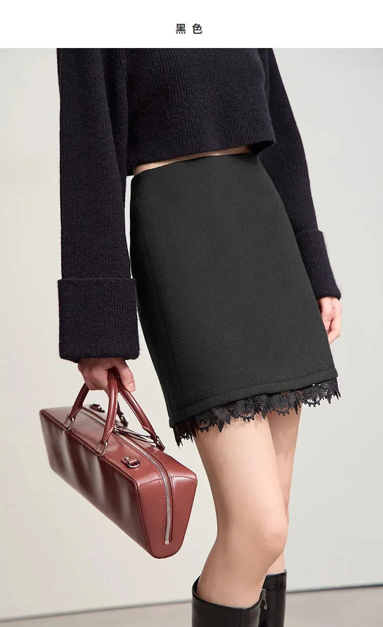 AMII Minimalist Mini Skirt 2025 Winter New Short Wool Warm Skirts For Women Patchwork Lace Casual Solid Clothing Ladies 12544125 PlatiNum