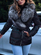 Ladies Winter Warm Shiny Short Coat Thick Fake Fur Collar Long Sleeve Jacket