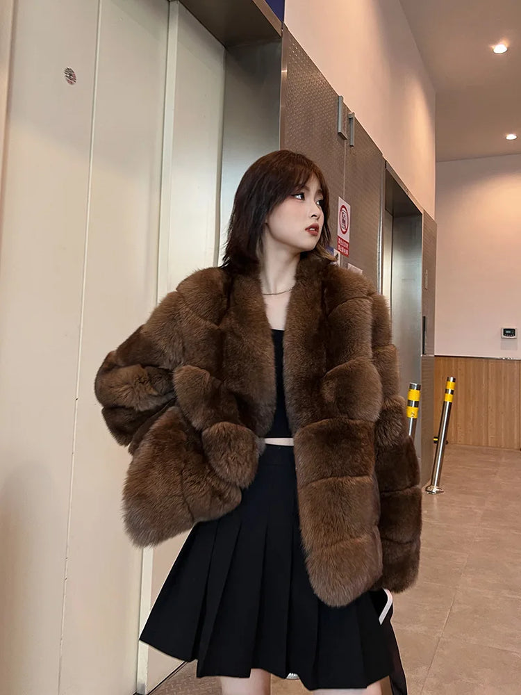 ZADORIN New Winter Faux Mink Coat Woman Elegant V Neck Long Sleeve Brown Faux Fur Coat Luxury Furry Jacket Woman Clothes Fur Top